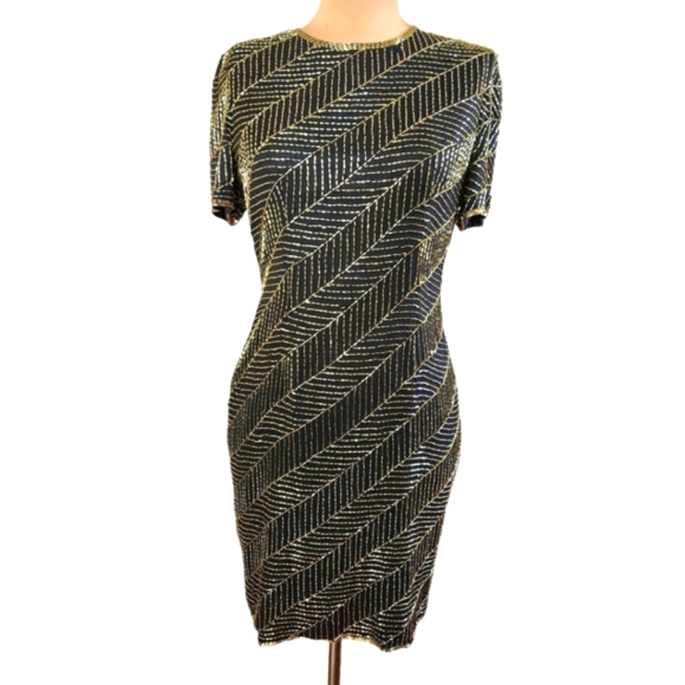 A.J. BARI Vintage 1980s Silk Beaded Sheath Dress - Size 10 - Picture 5 of 14